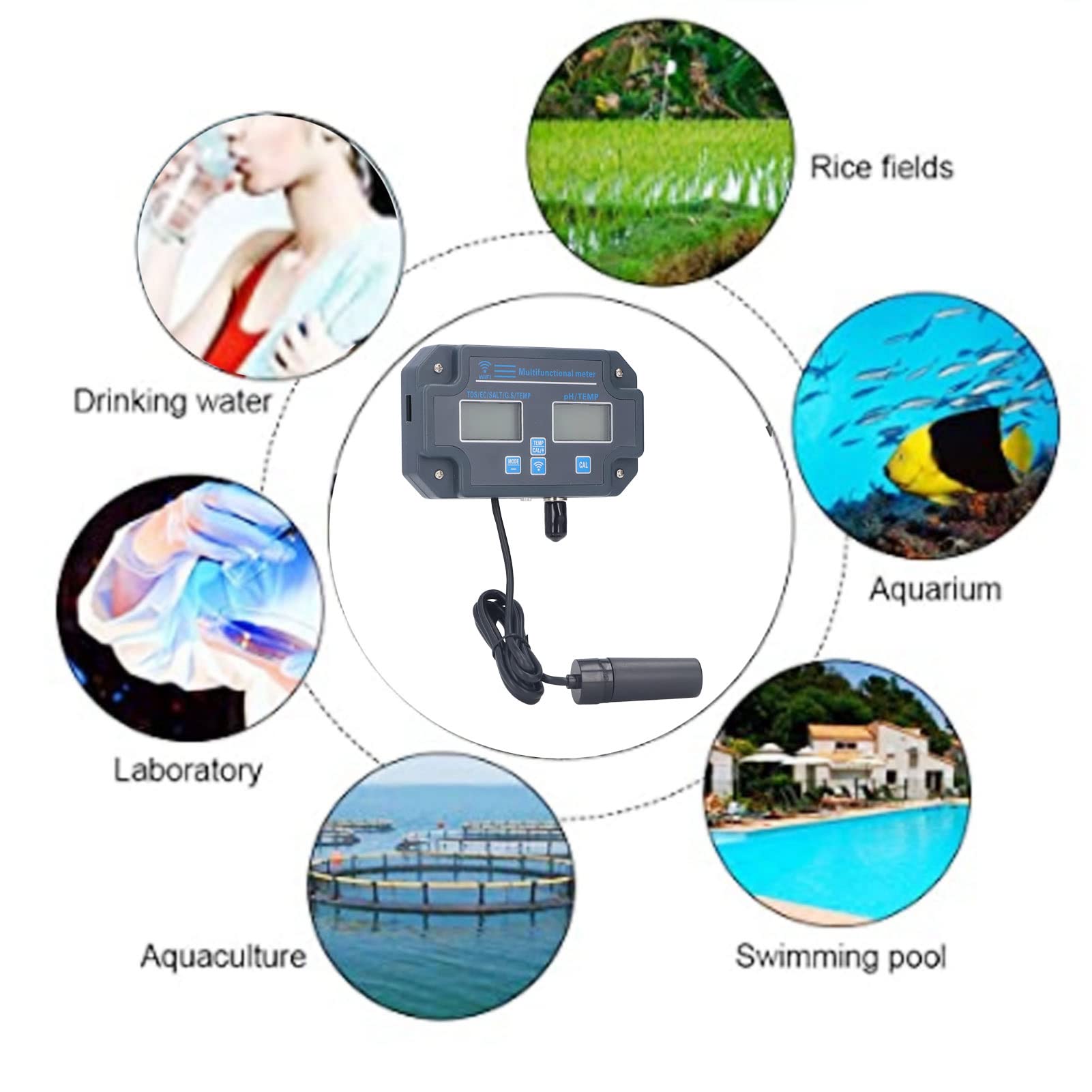 Alvinlite Misuratore di qualità dell'Acqua, Tester di qualità dell'Acqua multiparametro App Telecomando PH EC TDS Sale Misuratore di Temperatura G.S(EU 230V)