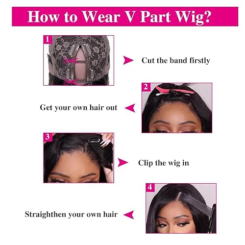 Miniatura 5 de Pobokix Pelucas de cabello humano lacio con parte en V, pelucas de cabello humano con parte en U para mujeres, sin pegamento, peluca de cabeza