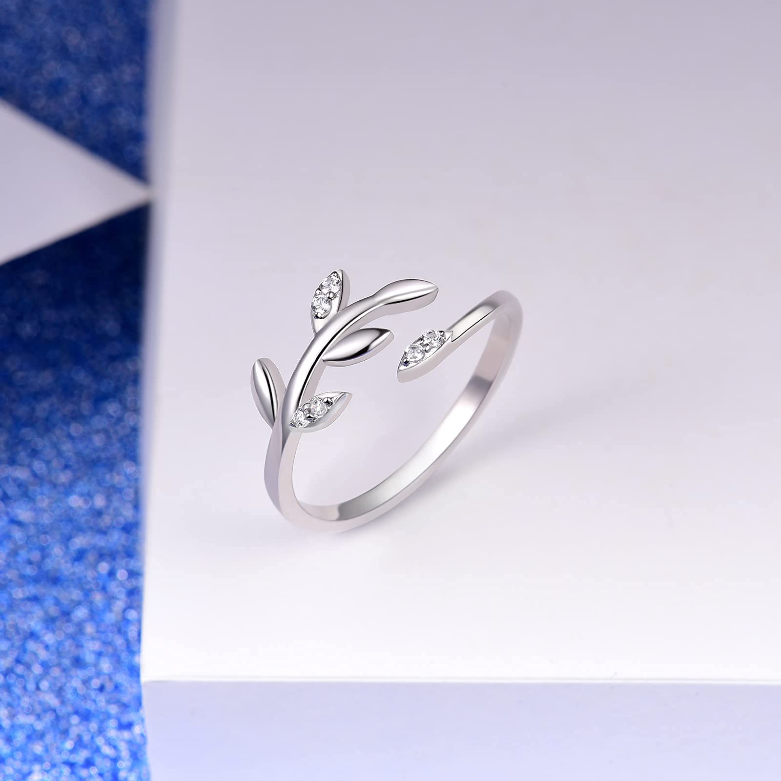 Regalos del día de San Valentín Anillo Abierto Ajustable de Plata de Ley 925 con Hoja de Olivo, Regalo de joyería para Mujeres, Adolescentes y Amantes de Las niñas