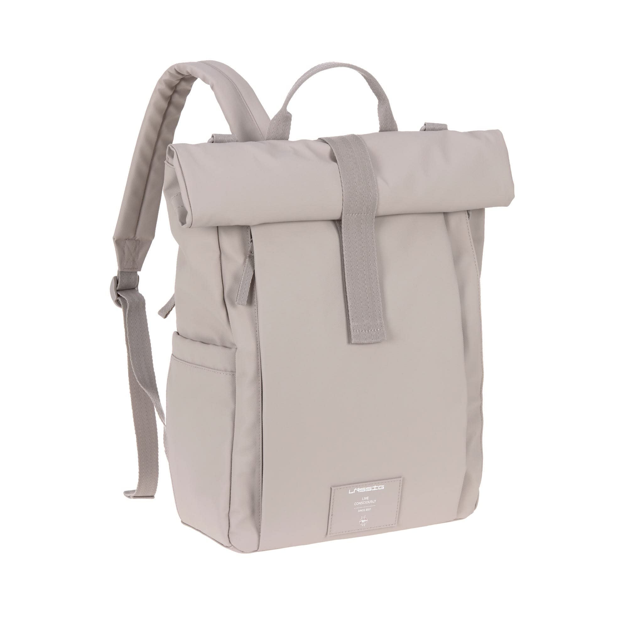 LÄSSIG Baby Wickelrucksack Wickeltasche Rucksack mit Wickelunterlage, Kinderwagenbefestigung, Flaschenhalter nachhaltig produziert/GRE Rolltop Up Backpack