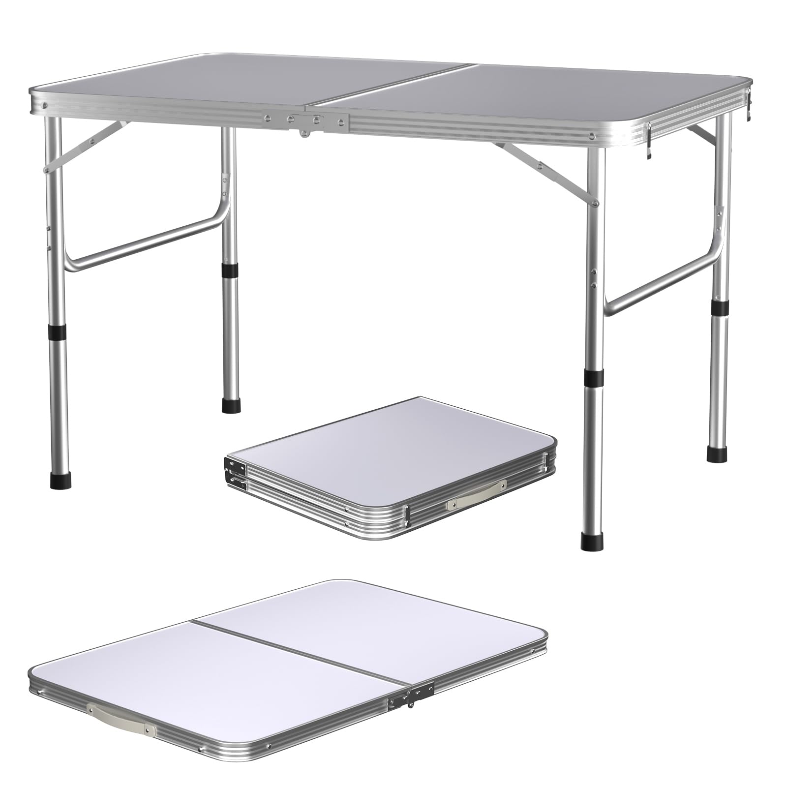 2.95FT (90cm) Folding Table, Heavy Duty Aluminium Foldable Table with Handle, Adjustable Height Portable Table for Indoor Outdoor Kitchen, Garden, Picnic, BBQ, Camping, Party, White, 90x60x69/39cm