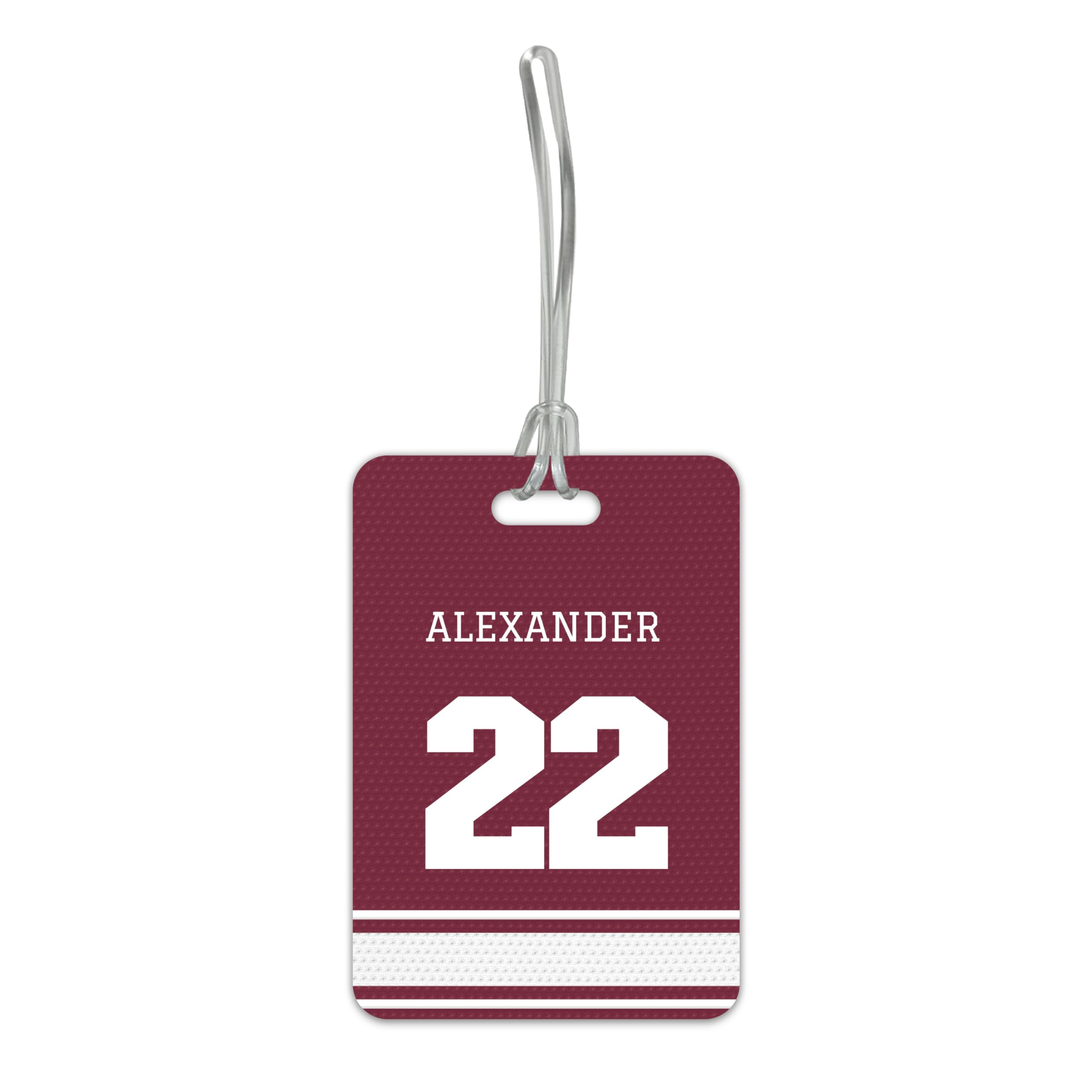 Personalized Maroon and White Jersey Bag Tag / 2.75" x 4" Custom Sports Luggage tag/Double Sided Durable Plastic with Plastic Strap/Made in The USA