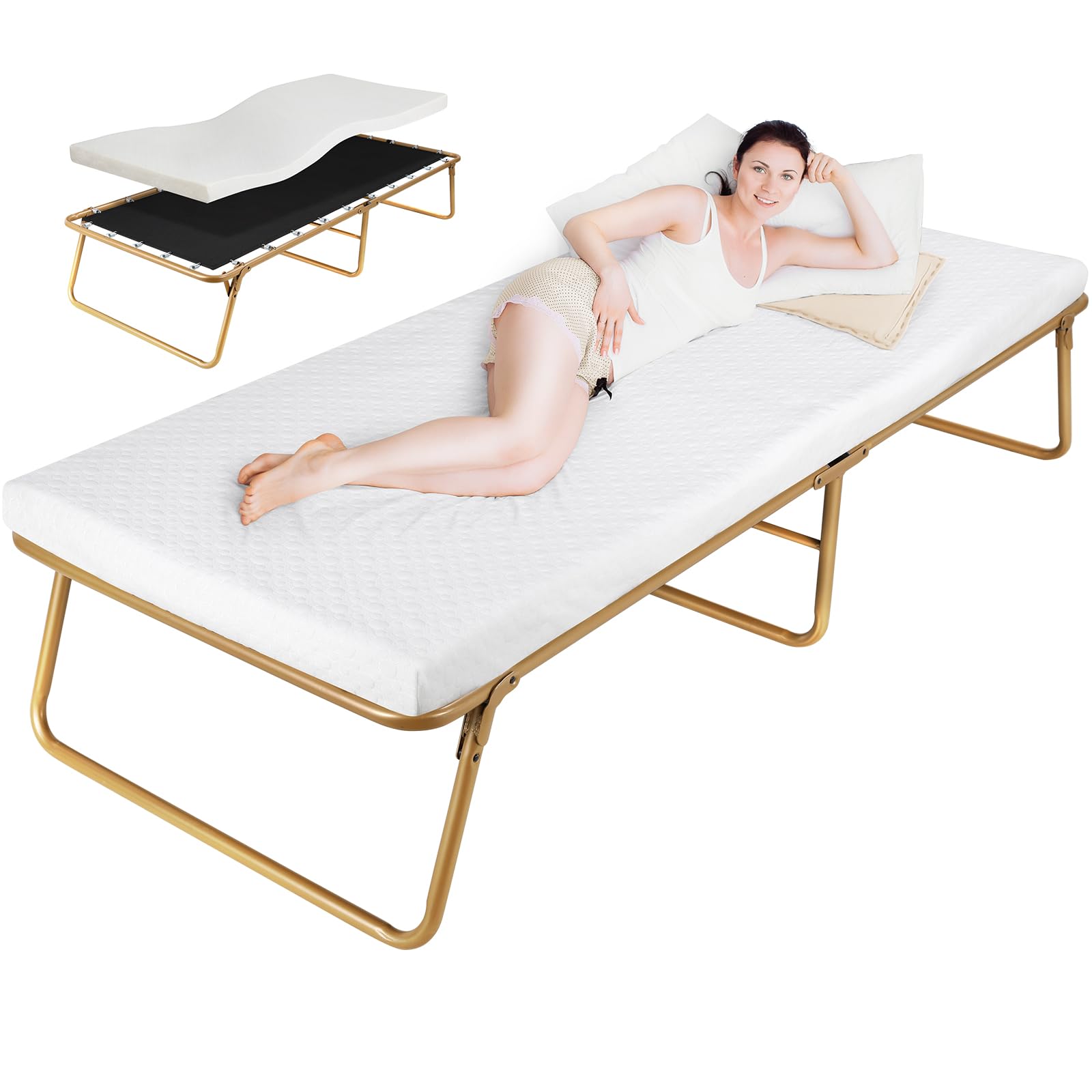 MAMIZO Folding Bed 75" x 31", Rollaway Bed with Mattress for Adults, Metal Frame with Memory Foam Mattress, Guest Bed for Bedroom,Office,Camp,No
