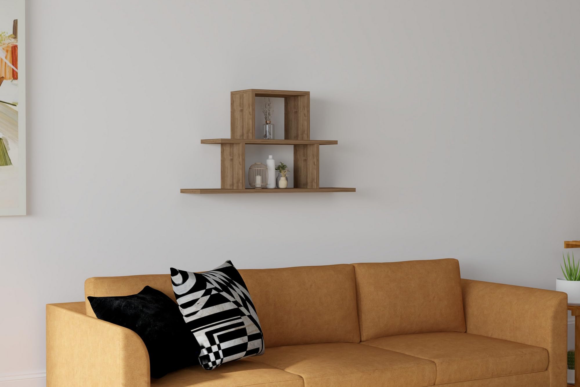 Hanah Home Scandinavian Wall Shelf, Walnut Colour, 80 x 44.6 x 19.6 cm, 100% Melamine Coated Particle Board, 18 mm Thick, Stylish & Functional Storage Solution