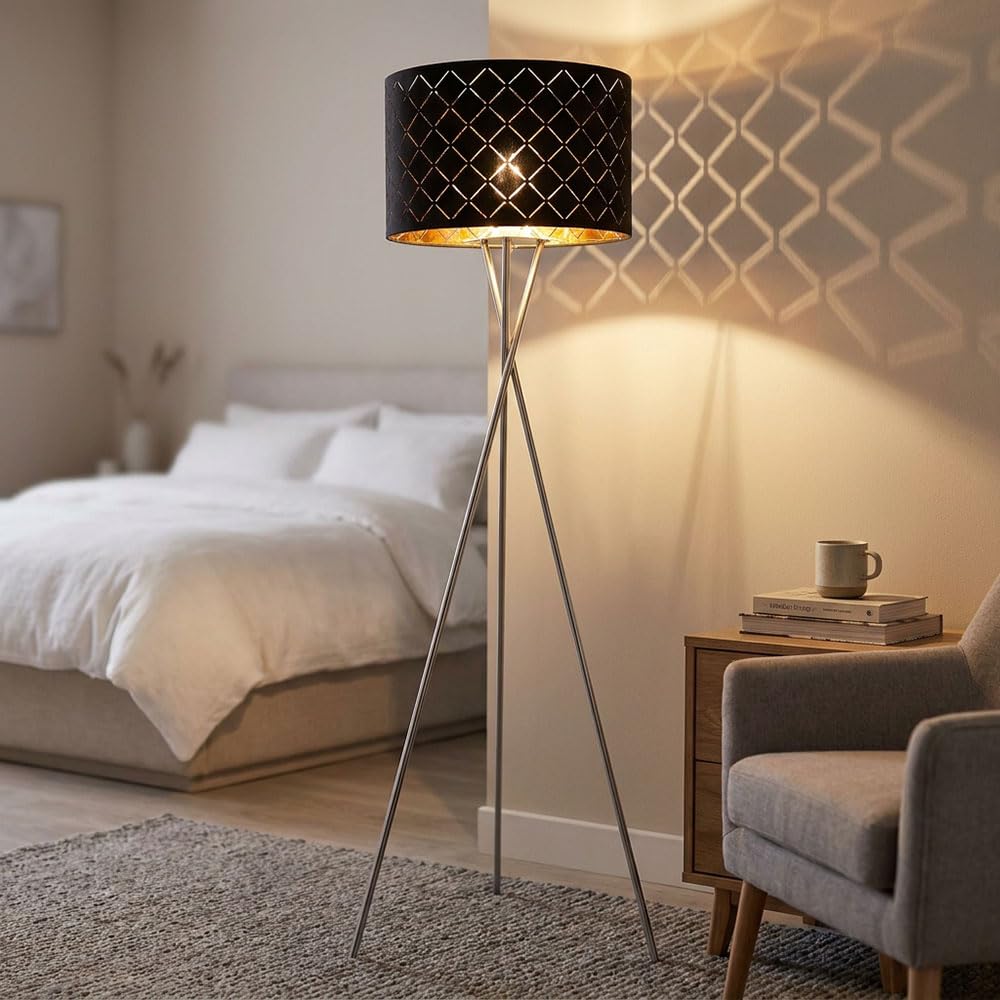 Stehlampe Textilschirm schwarz gold Beistellleuchte 3 Bein Stativleuchte Textil, Nickel matt, E27 Fassung, DxH 62x158 cm