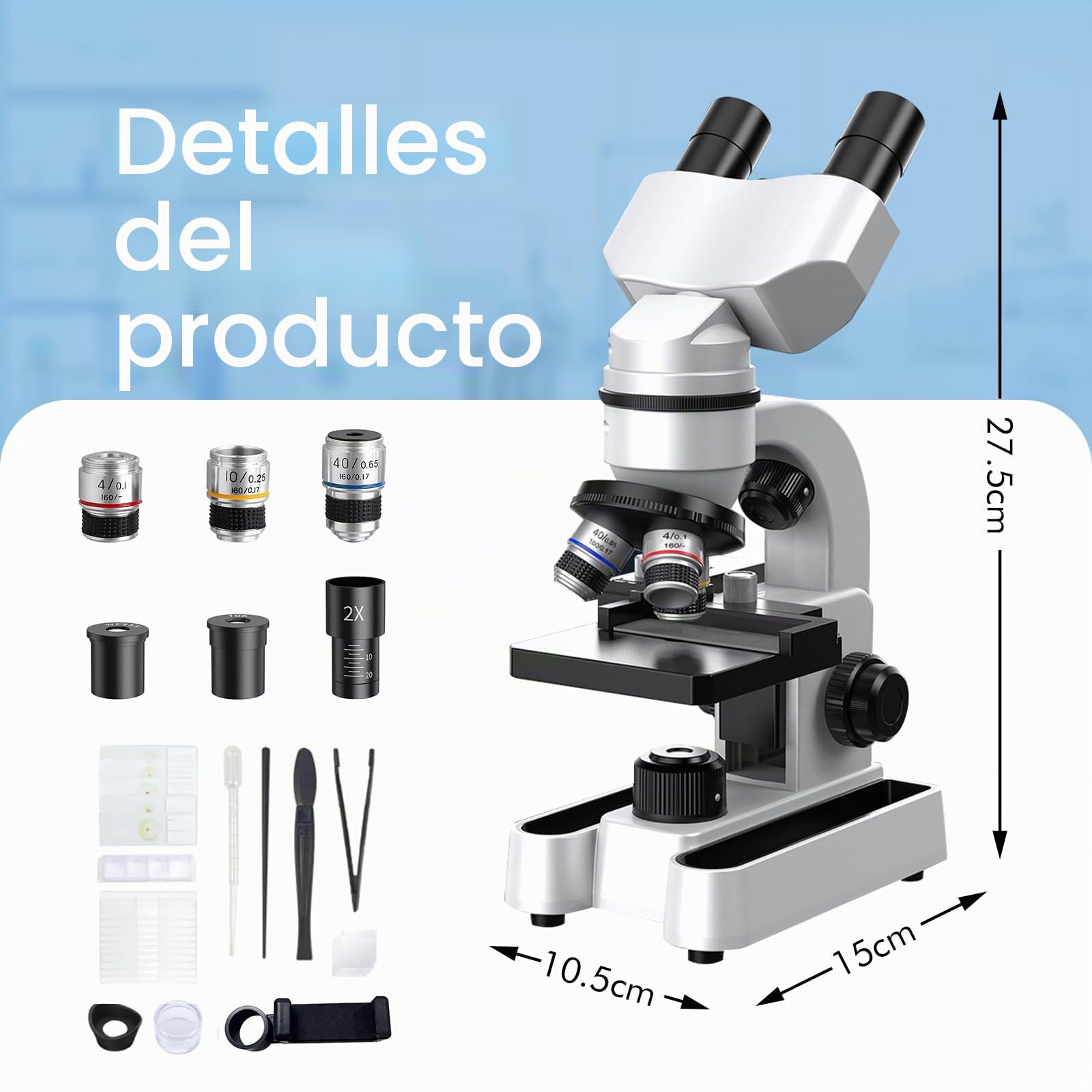 Microscopio binocular para adultos y niños, aumento de 40X-1600X con luz de relleno LED dual, microscopio educativo biológico binocular con kit de inicio completo y más de 25 accesorios