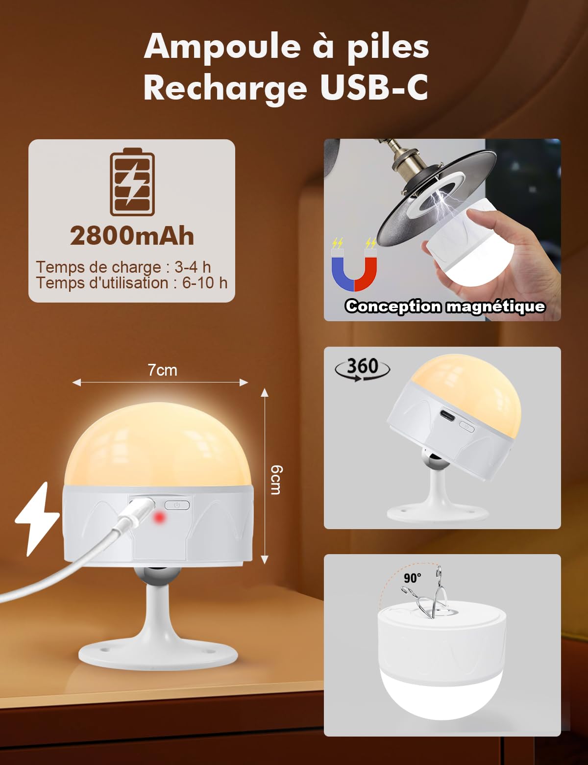 Ampoule Rechargeable USB-C avec Telecommande, E27 5W LED Ampoules Batterie de 2800mAh Tactile Dimmable avec 9 Couleurs RVB + 3 Températures de Couleur (3000K-4000K-6000K)