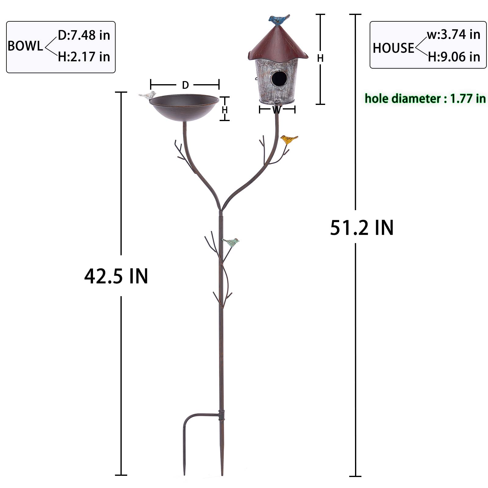 Vogeltränke und Vogelhäuser mit Stange, Distressed Metall Vogeltränke Schale und Vogelhaus Pfahl für Outdoor Garten Hof Dekoration (Vogelbäder/Vogelhäuser-A)