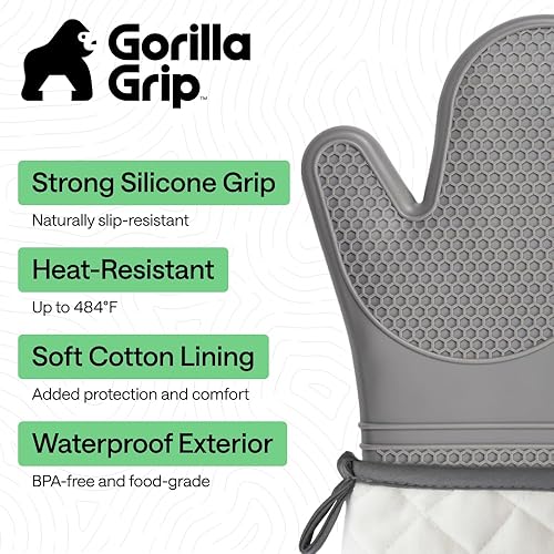Miniatura 54 de GORILLA GRIP - Juego de guantes de horno de silicona suave sin BPA, guantes de cocina resistentes al calor e impermeables, forro de algodón grueso