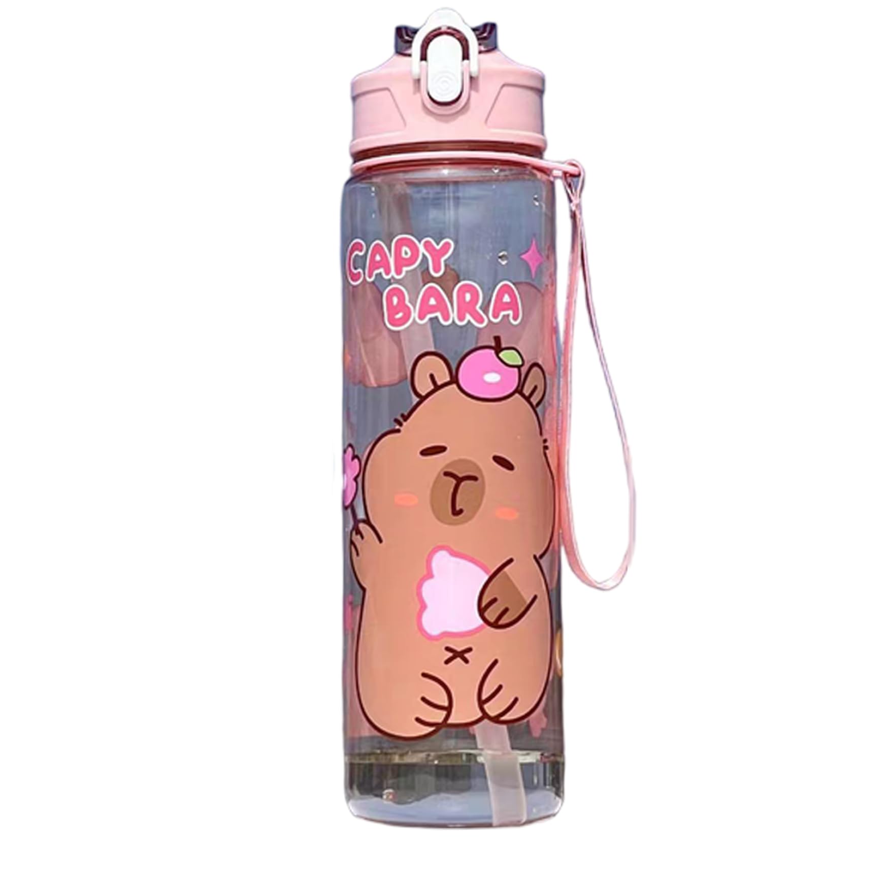 Pesoncarl Capybara Water Bottle 750ml Transparent Kawaii Water Bottle with Straw Leakproof Drinking Cups with Handle for Women Sports Camping Picnic Hiking Travel, Transparent Blue, Camping Hiking