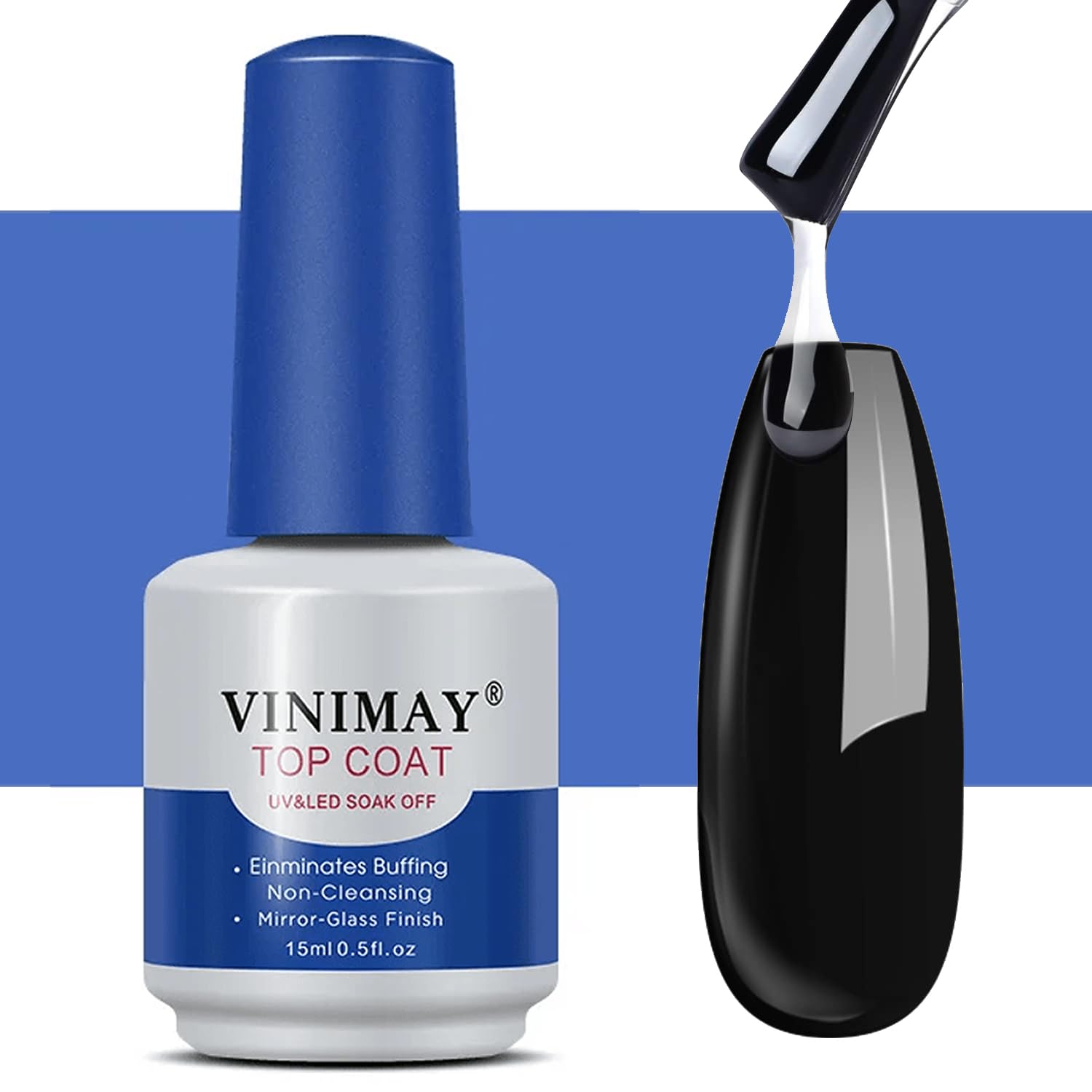 VINIMAY Professional Gel Polish Shiny Top Coat 15ml, No-Wipe with High Gloss Shiny & Long-Lasting Top Coat Gel, Soak Off UV/LED Cured Nail Gel for DIY Professional Manicure and Nail Salons