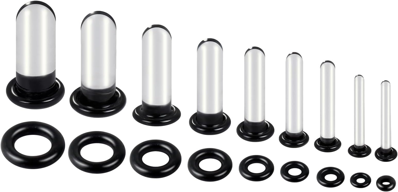 6-18Pcs Glass Ear Stretching Kit 1.6-7mm/7.5-12mm Plugs for Ears Gauges with O-Rings Single Flare Glass Gauge Stretching Kit Ear Expander Body Piercing Jewelry for Women Men