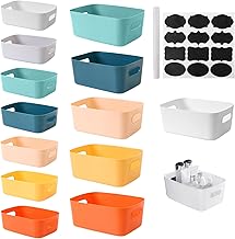 13 pcs Boîtes de Rangement en Plastique,Panier de Rangement avec Poignées Bac ,Poignée Empilable Bac Rangemen Pour Cuisine, Placard, Bureau, Salle de Bain, 7 couleurs, 2 tailles
