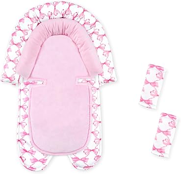Infant Car Seat Insert, Baby Car Seat Head & Body Support with 2 Straps Pads, Ultra Soft Newborn Preemie Carseat Insert Cushion for Girls, Fits Car Seat, Stroller, Swing, Bouncer, Pink Bow