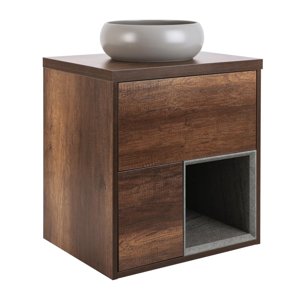 Milano Dark Oak Unit / Pebble Basin Bexley Dark Oak 600Mm Led Lit Wall Hung Bathroom Vanity Unit Round