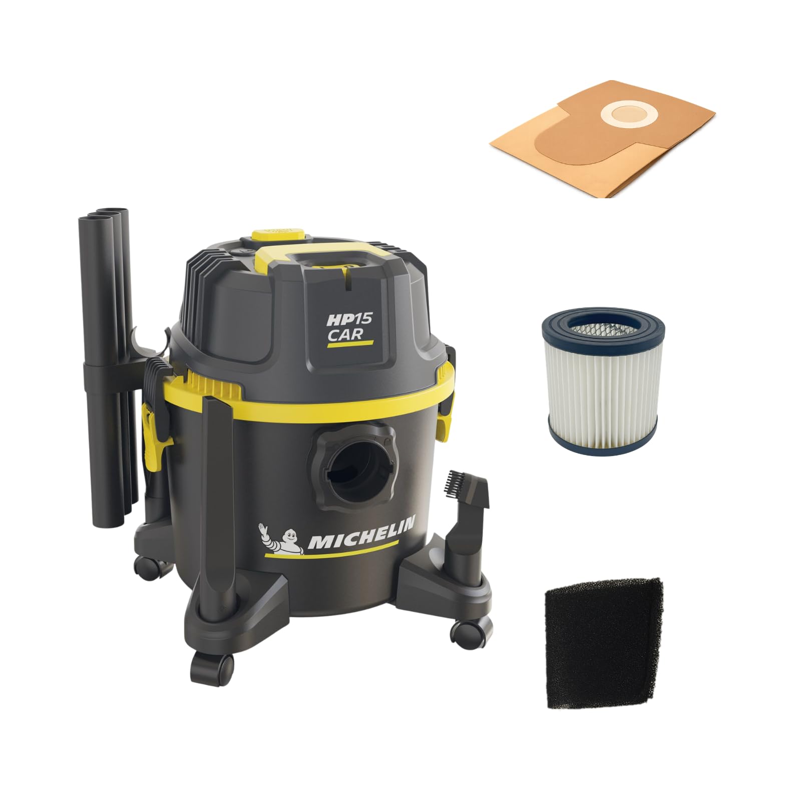 Michelin HP15 CAR Aspirapolvere Auto 15L 1200W - Secco Umido - Soffiaggio - Pulizia Filtro - Ruote Pivotanti - Kit Accessori Incluso