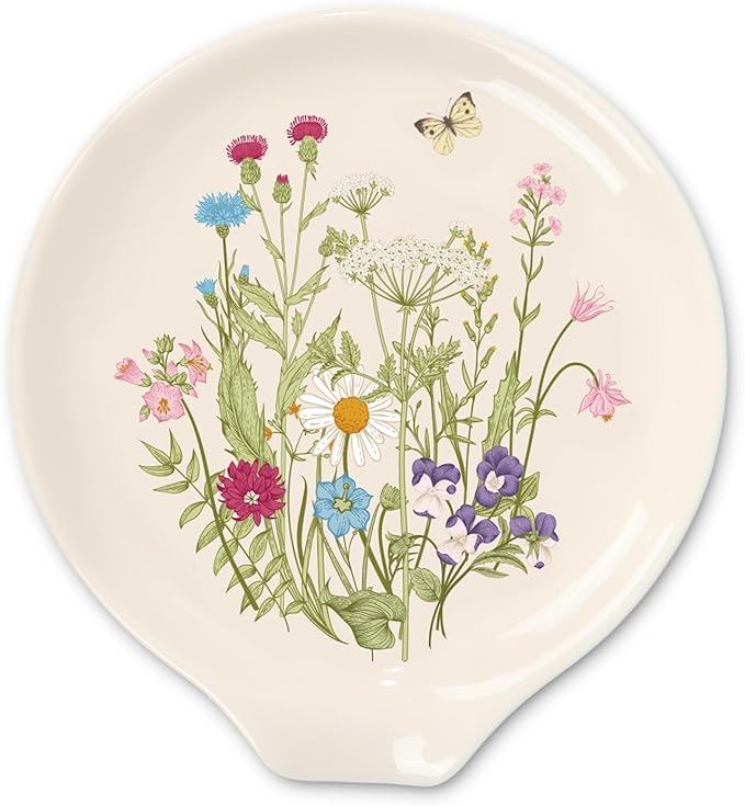 4.7inch Wildflower Spoon Rest Watercolor Floral Butterfly Small Coffee Spoon Holder for Spring Summer Kitchen Coffee Stirrers Teaspoon Bar Station Accessories