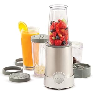 bella licuadora de tamaño personal Rocket, perfecta para batidos, licuados y bebidas saludables. Tritura fácil. Base con motor de 240 W, licuadora de 12 piezas.
