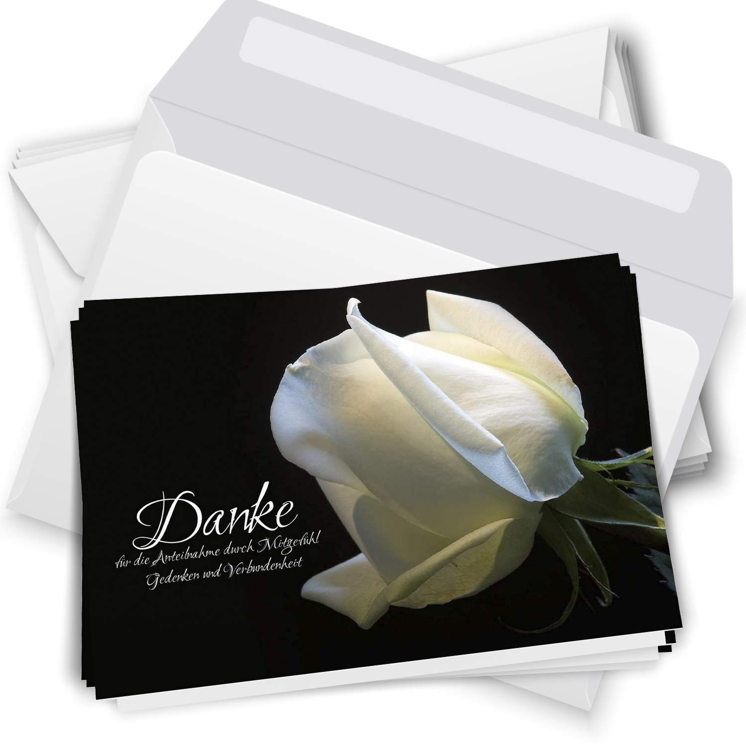 Trauer Danksagungskarten mit Umschlag | Motiv: Weiße Rose, 50 Stück | Dankeskarten Din A6 Set | Klappkarten-Trauerkarten Danksagung Danke sagen