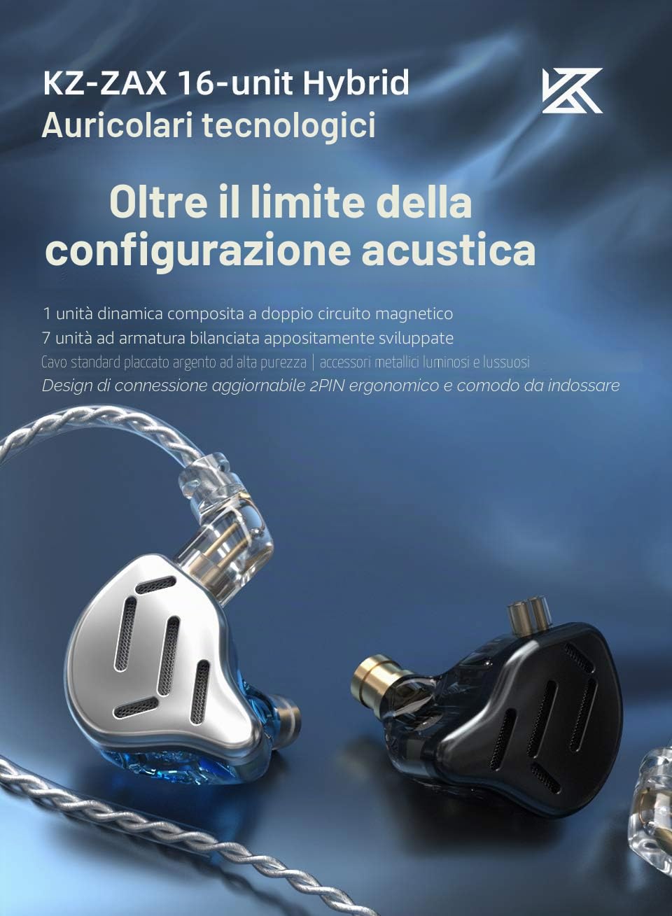 KZ Zax, Set di auricolari in-ear in metallo 7BA+1DD Hybrid, 16 Driver, HiFi, Bass, per sport, con cancellazione del rumore