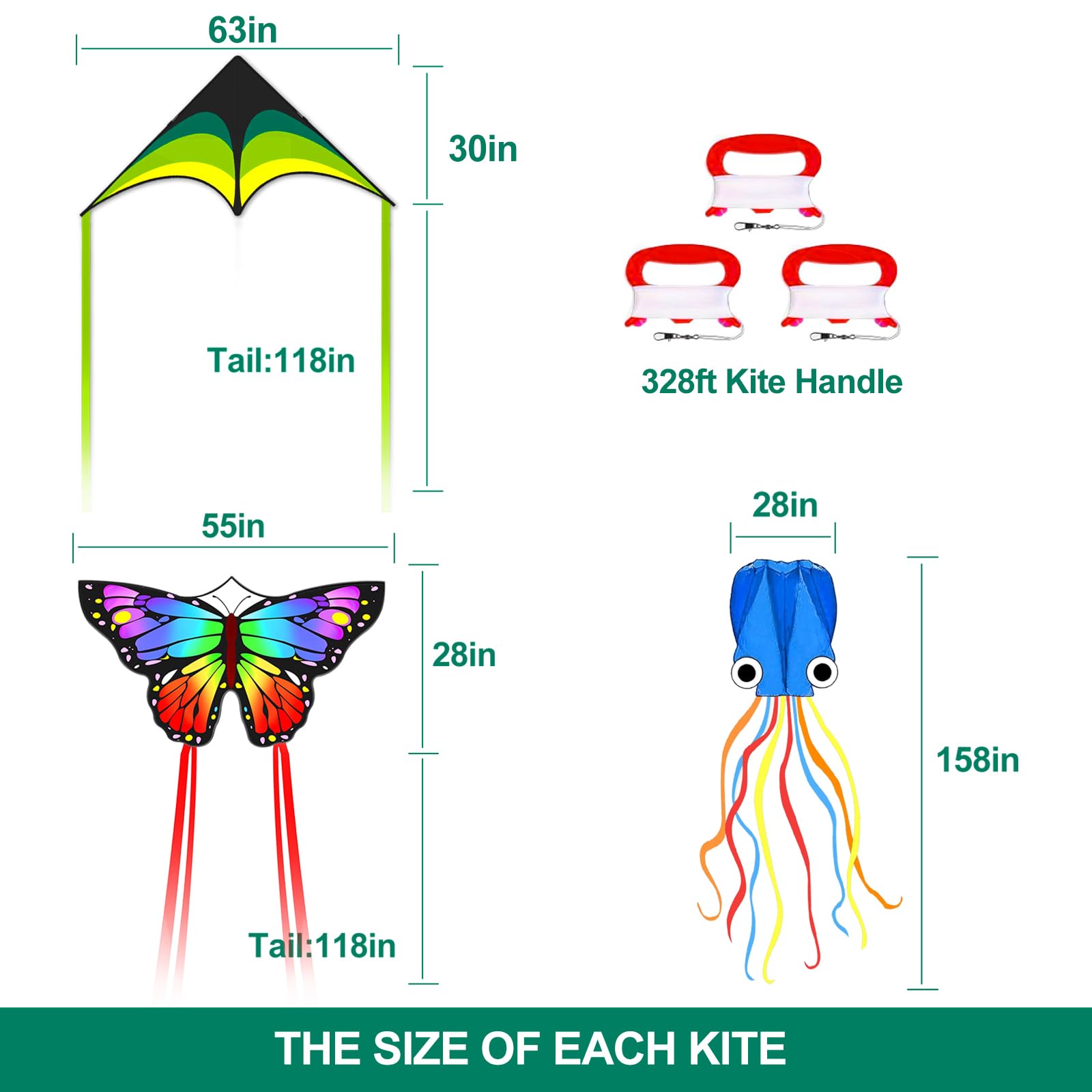 Mint's Colorful Life Paquete de 3 cometas para niños y adultos, juego de cometas de pulpo delta mariposa fácil de volar para principiantes, cometas de playa grandes para juegos y actividades