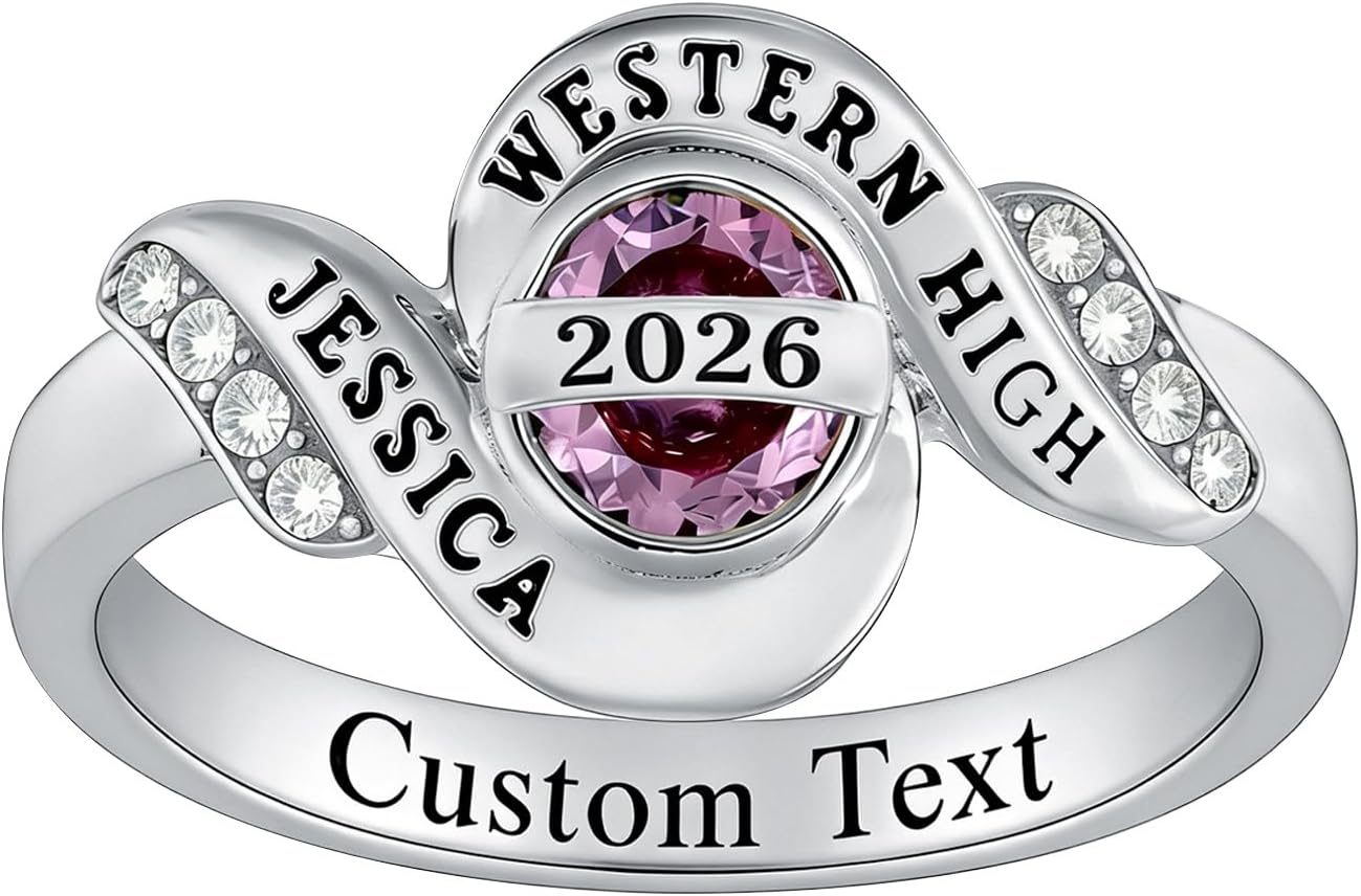 PELOVNY Custom Class Rings for Women S925 Sterling Silver Personalized Birthstone High School College University Name Ring Graduation Jewelry Gifts