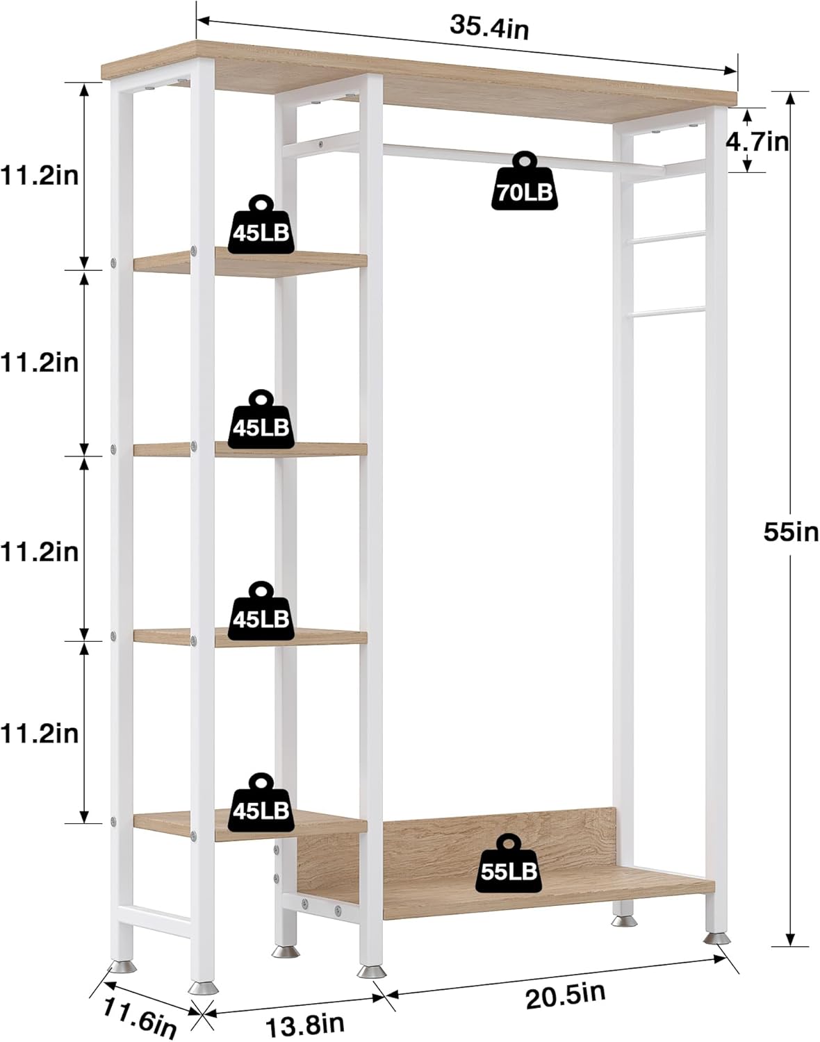 VECELO Open Garment Clothing Rack, Free-Standing Heavy Duty Storage Closet with 5 Shelves and Hanging Rod for Small Spaces, Max Load 350LBS, White Oak - Image 5
