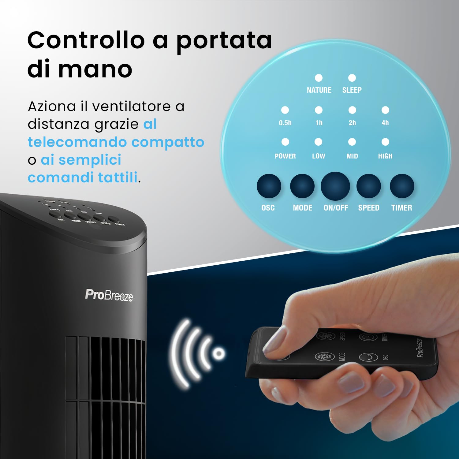 Pro Breeze Ventilatore a Torre Oscillante - 60W Con Timer 7,5 ore e Telecomando - Oscillazione a 70° Gradi e 3 Modalita di raffreddamento- Altezza 79 cm