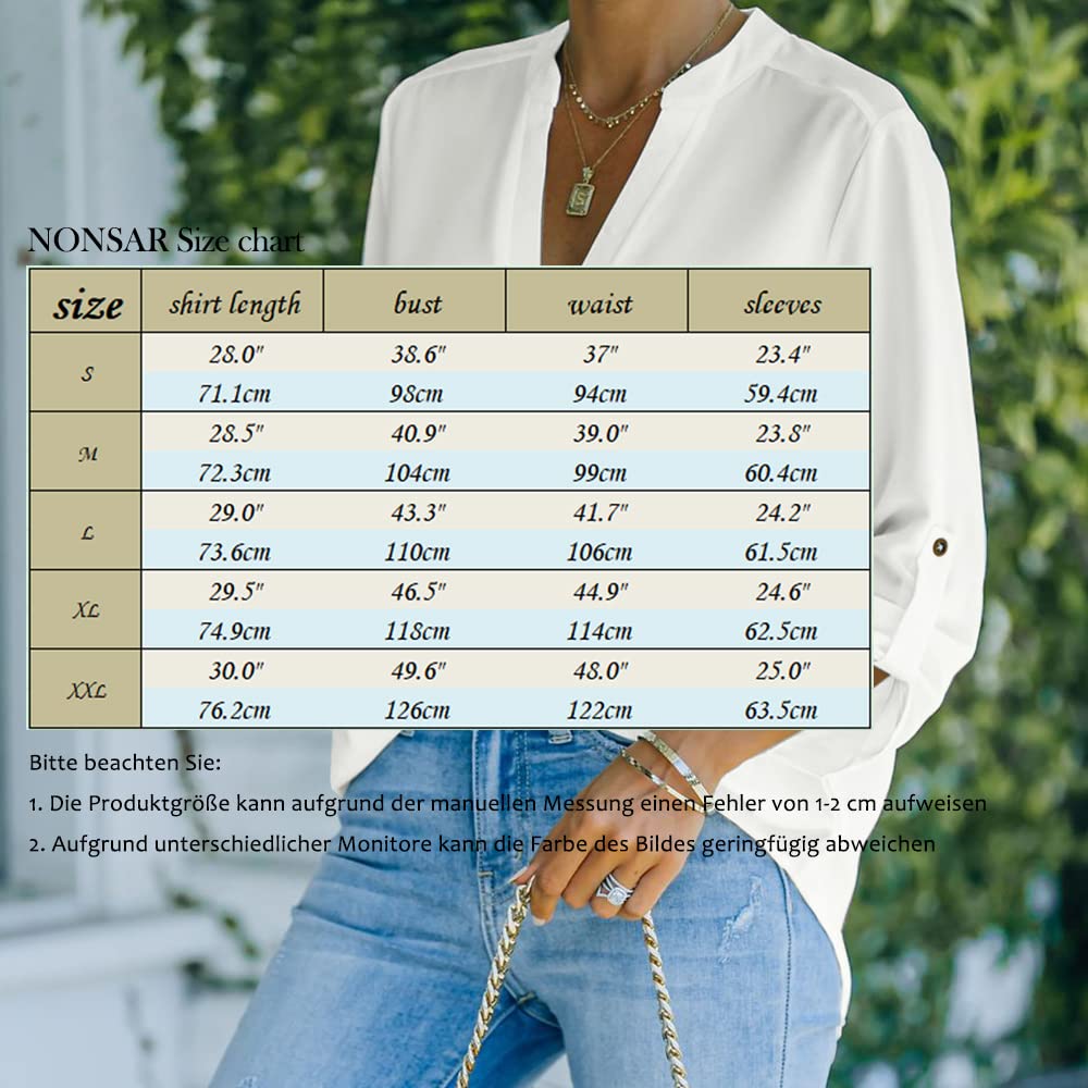 NONSAR Camicetta da donna Henley, elegante, con scollo a V, maniche arrotolabili, in stile casual