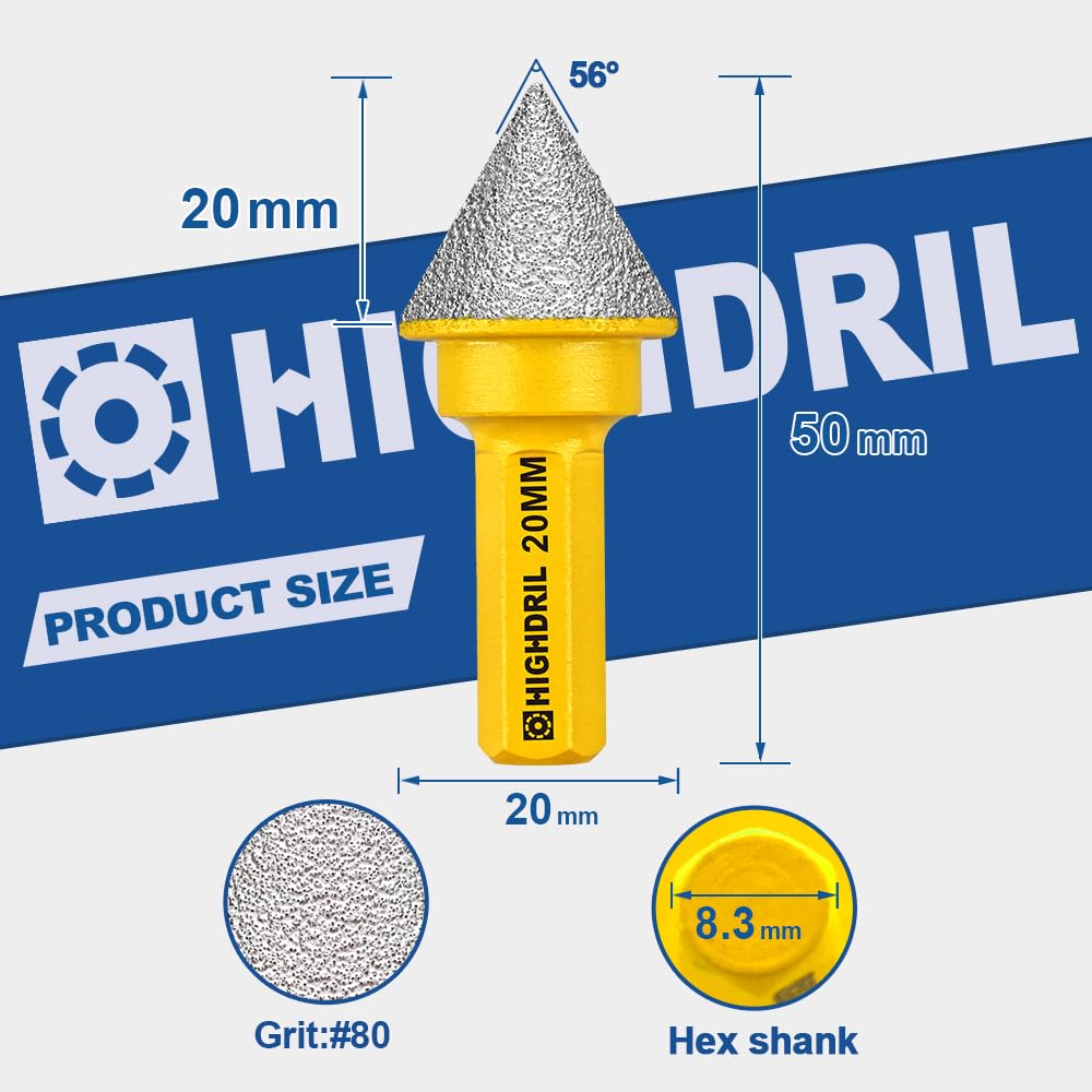 HIGHDRIL Fraise à Doigts Diamantée - 20mm Fraise à Chanfrein Diamantée avec Tige Hexagonale pour Agrandir et Découper les Trous Existants Dans la Porcelaine, la Céramique, le Marbre, le Granit