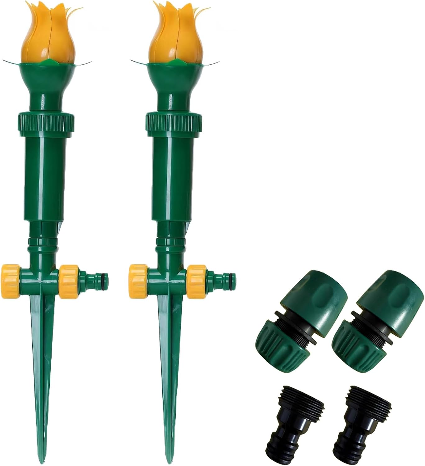 2 Pack 360° Tulip Lawn Sprinkler, Automatic Garden Sprinkler with Spike Base, Adjustable Water Irrigation for Yard, Grass, Patio, Flower Bed & Large Garden Areas, Green, with Hose Adapter