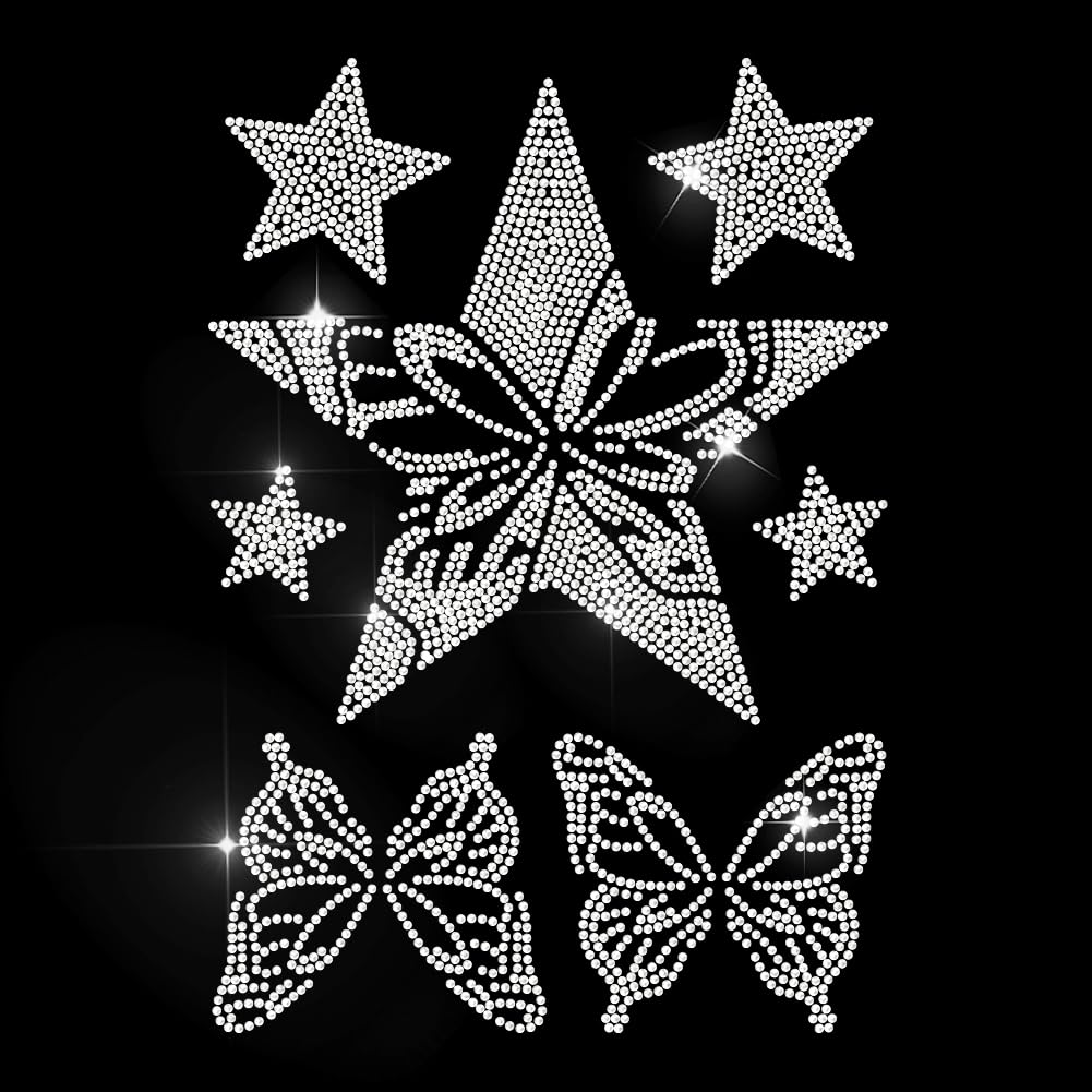 MAYJOYDIY Star Butterfly Rhinestone Iron on Hotfix Transfer Insect Butterflies Heat Transfer Sticker Bling Stars Clothing Decoration Applique for Shirt Bag Hat Jacket Jeans Shoes DIY Crafts