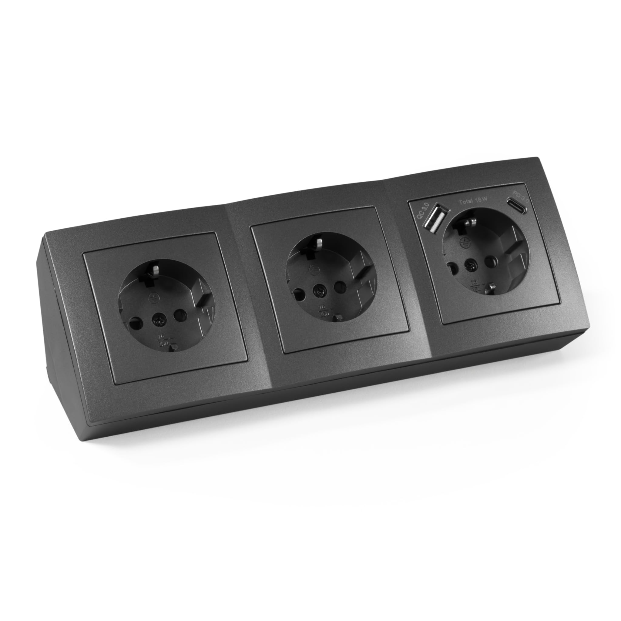 Steckdosenblock 3-Fach & USB-A & USB-C anthrazit für Küche und Büro - hochwertige Steckdose Steckdosenleiste Ecksteckdose Tischsteckdose Unterbausteckdose Aufbausteckdose 15cm Kabel Möbelsteckdose