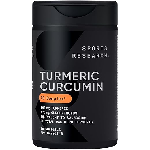 Sports Research Turmeric Curcumin C3 Complex 500 mg, Enhanced with Black Pepper and Organic Coconut Oil for Better Absorption; Non-GMO and Gluten Free - Standardized 95% Curcuminoids (60 Count
