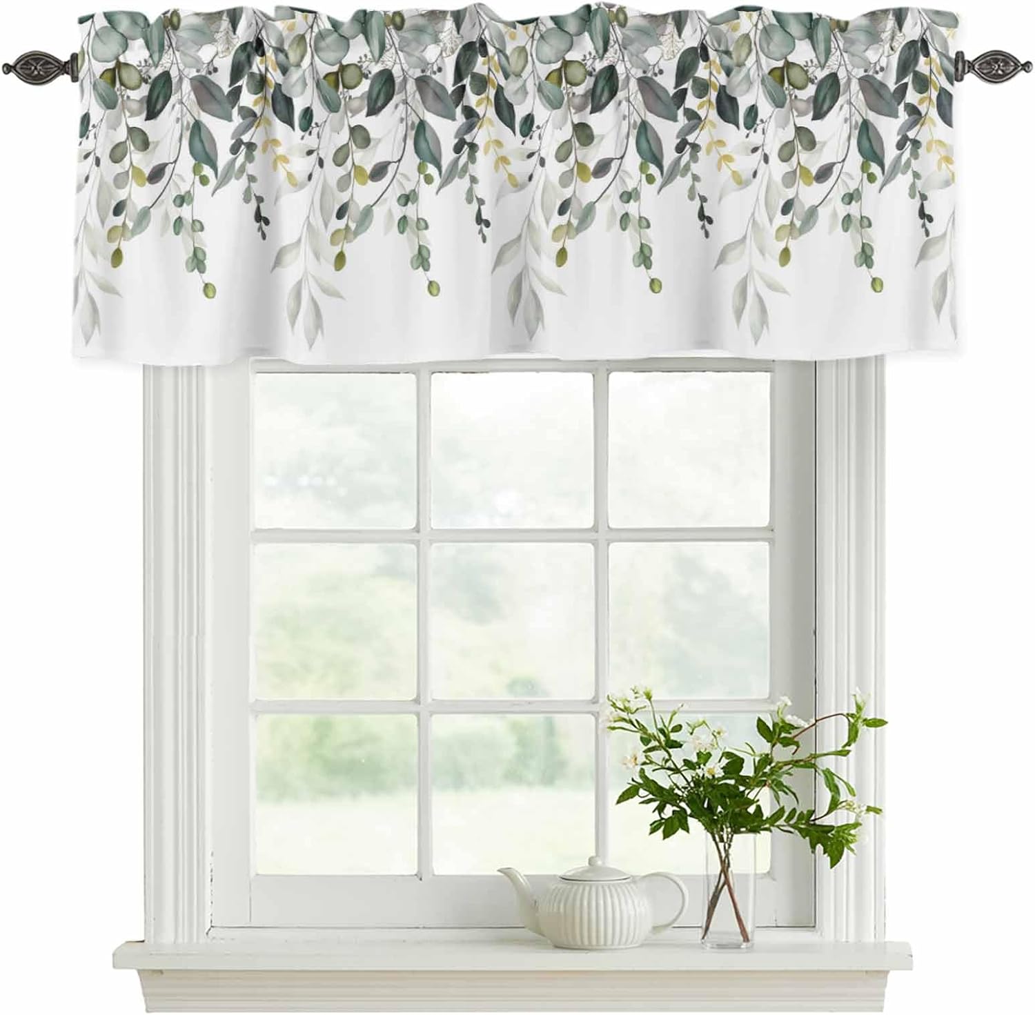 2 Pack Green Eucalyptus Valances for Window, Weeping Botanical Short Curtains for Kitchen Bedroom Living Room, Watercolor Leaf Spring Rod Pocket Small Window Treatment Valance Drapes 54 x 18 Inch