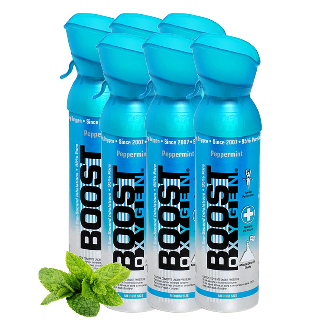 Boost Oxygen Portable Oxygen Cylinder with 95% Oxygen - 30L, 6x5L Oxygen Canister with Oxygen Mask for More Than 600 Inhalations - Portable Oxygen Can, Oxygen for Home use (Peppermint Flavour)