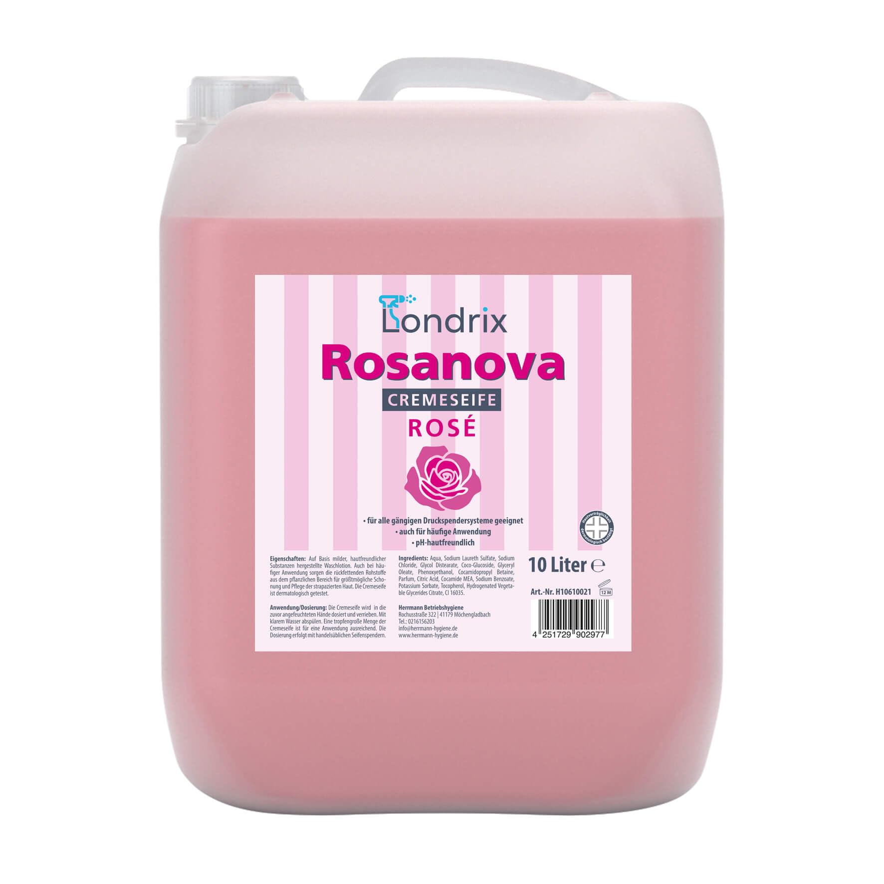 Londrix Rosanova Handseife Rose | 10 Liter Kanister | milde Waschlotion, Rosa Cremeseife & Flüssigseife für Druckspender, pH-neutral, rückfettend, hautfreundlich & dermatologisch getestet