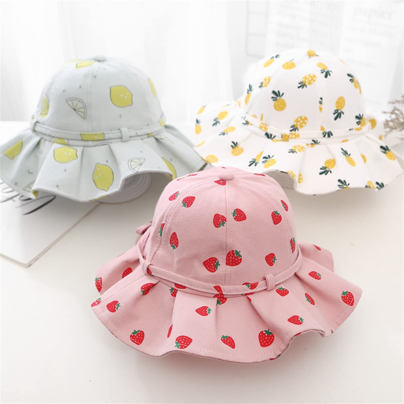LNNSHX Letni kapelusz dziecięcy, słodki dziecięcy kapelusz letni dla dziewczynek Bawełniany nadruk w owoce Dziecięce kapelusze wiadro Bowknot Księżniczka Dziecięca czapka przeciwsłoneczna Plaża Podróż