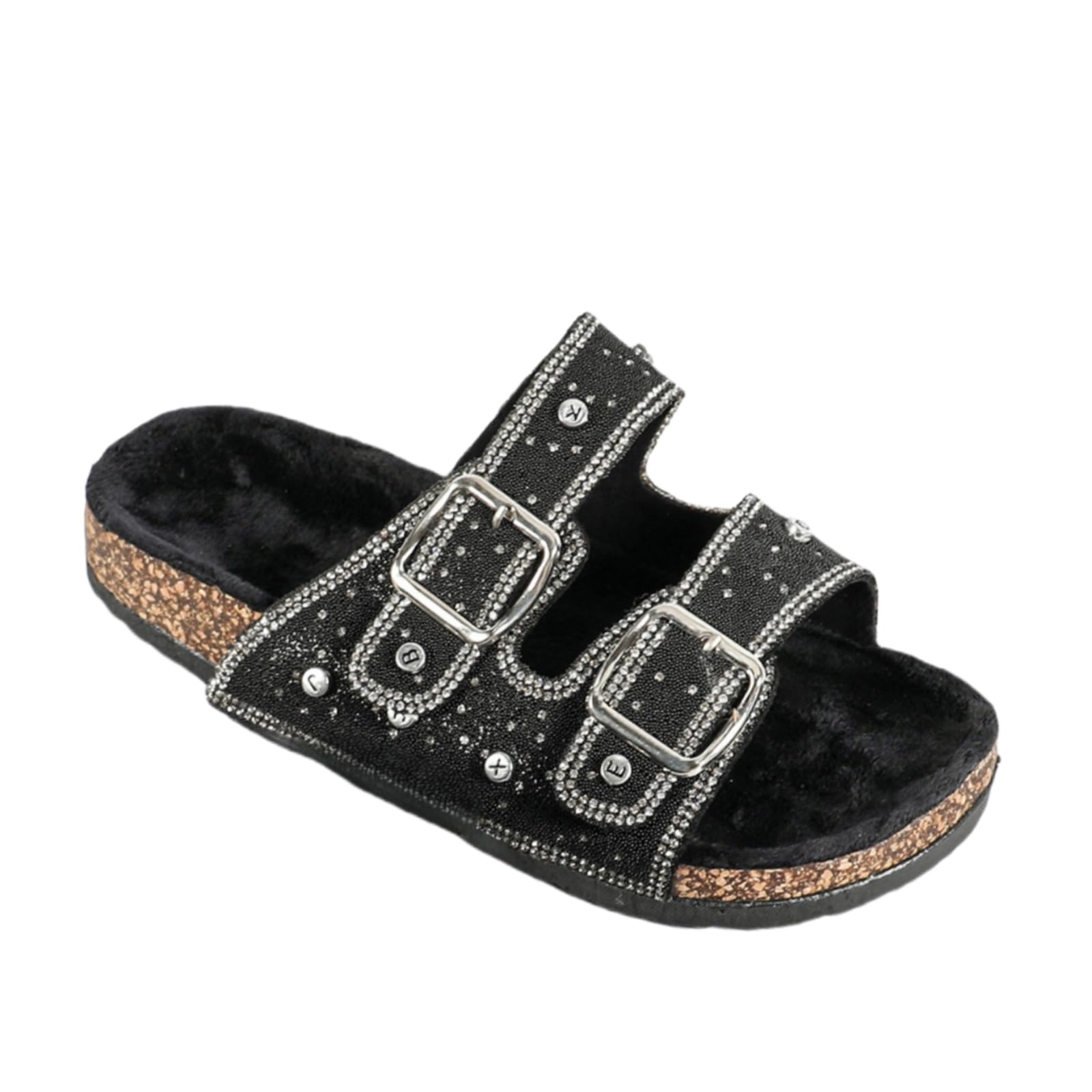 ROULVXIANG Flash Double Button Sandals Leopard Pattern Crystal Rhinestone Decorative Slide Gold Button Women's Slippers Flats