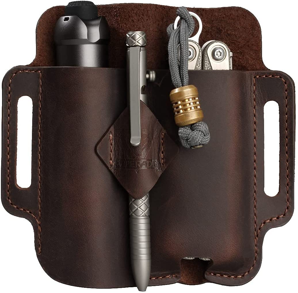 PJ19 Multitool Sheath EDC Belt Organizer Hademade 2 Pockets Belt Leather Sheath for Men/Knife/Tool/Flashlight/Tactical Pen, Pocket EDC Organizer Leather Sheath (Brown-PJ19)