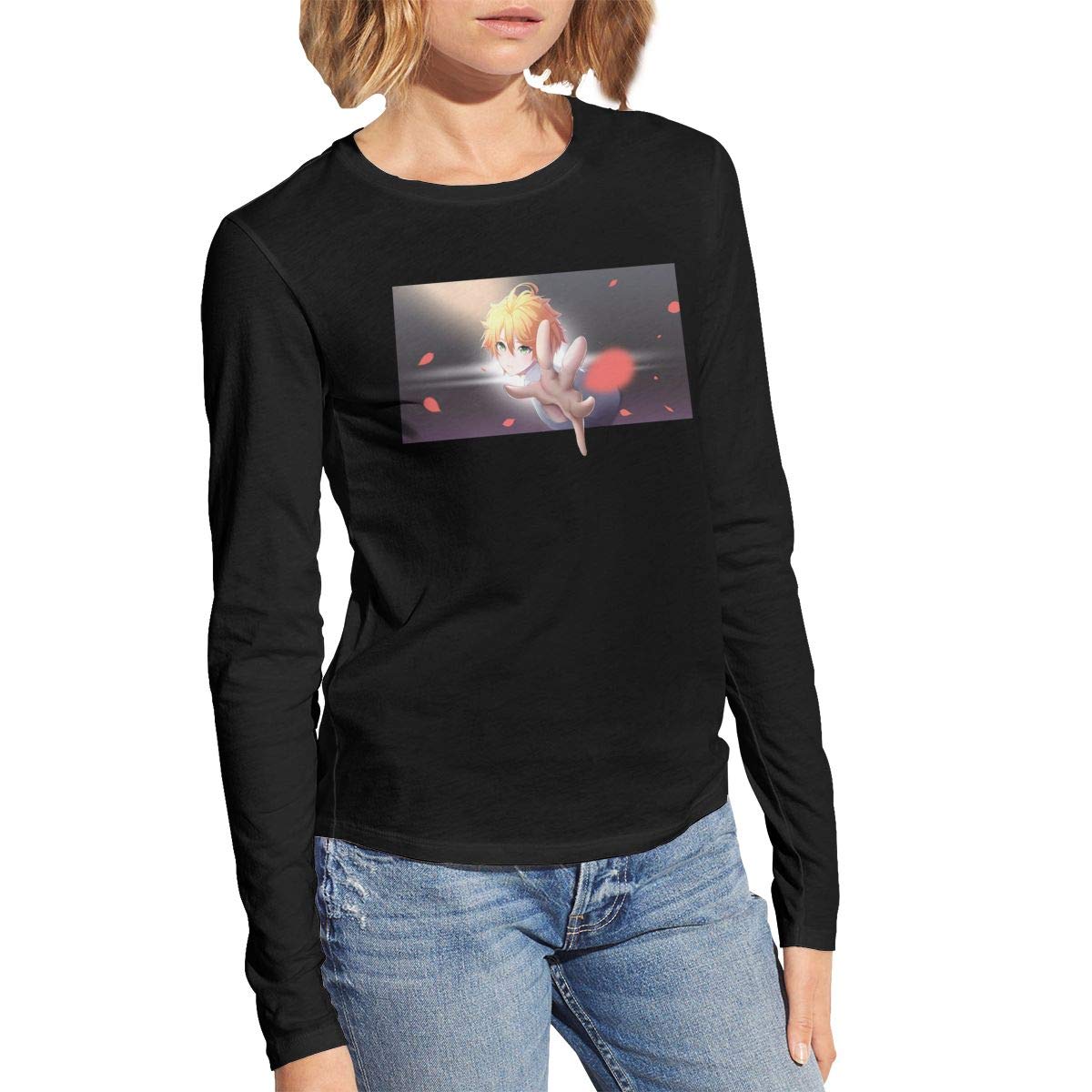 Woman's Regular-Fit Lightweight Cotton Lovely The Promised Neverland Long Sleeve Shirt Black