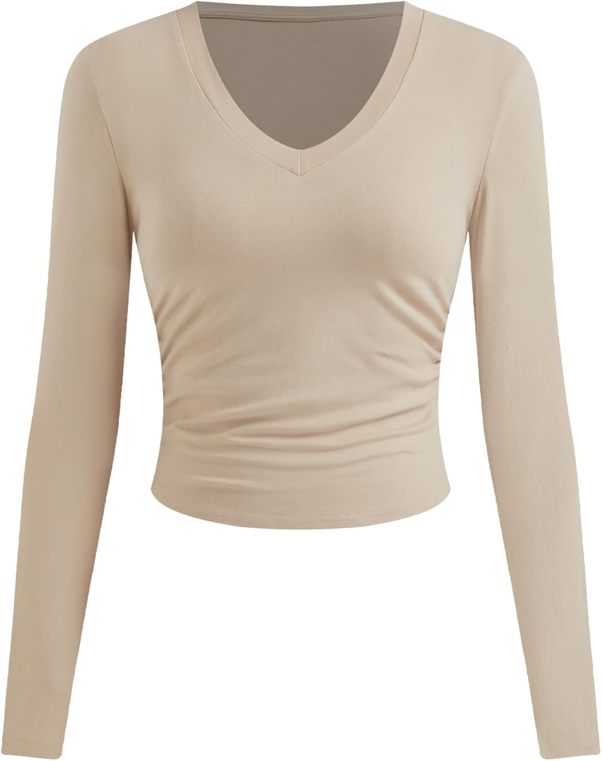 CIDER Long Sleeve Tops for Women V Neck Crop Top Ruched Basic Fall Tops Casual Fitted Tee Shirt