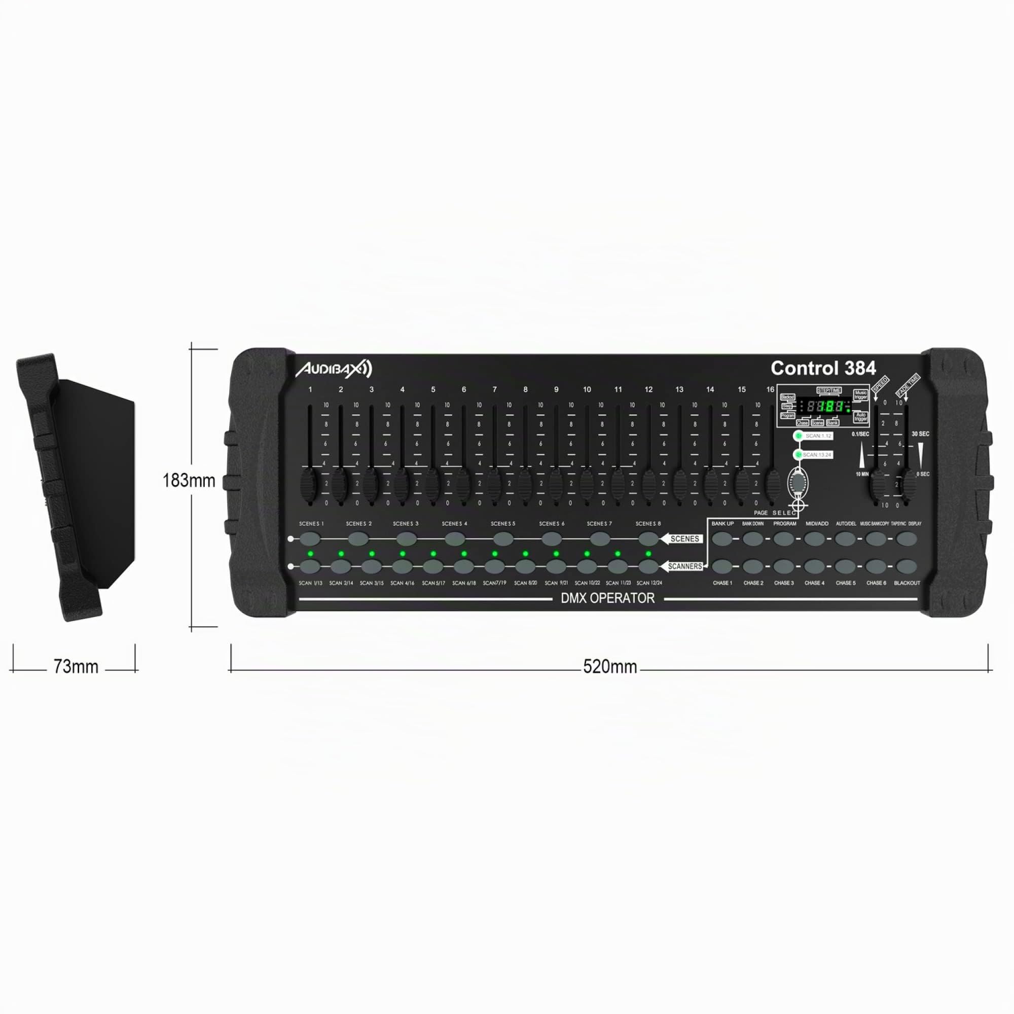 Audibax Control 384 - Controller DMX a 384 Canali - Controllo di 24 Apparecchi con 16 Canali DMX - Attivazione di Scene Tramite Suono, Manuale o Auto - Programmazione di Sequenze e Sequenze sui Fader