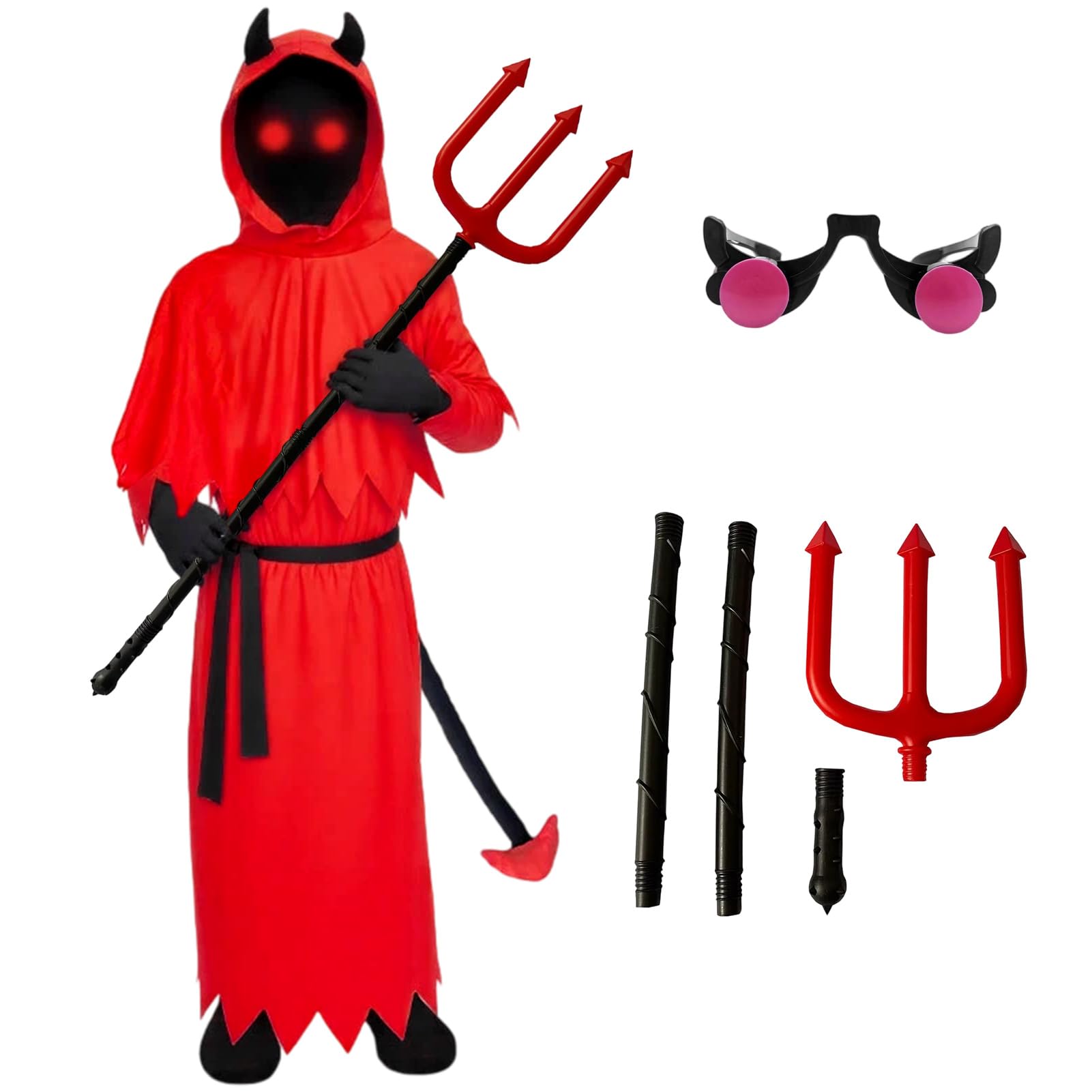 Matreeglam Halloween Horror Costume Kids Unisex Devil Scream Grim Reaper Outfit Accessories with Cape Cloak Trident Glasses for Halloween Carnival Cosplay Party Demons Dress Up (Red