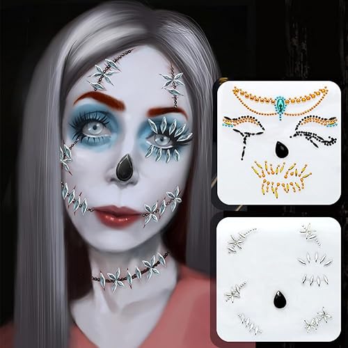 Miniatura 5 de Gemas faciales de Halloween, tatuajes, Día de los Muertos, cara de lágrima negra, calcomanías temporales de tatuaje de calavera para hombres,