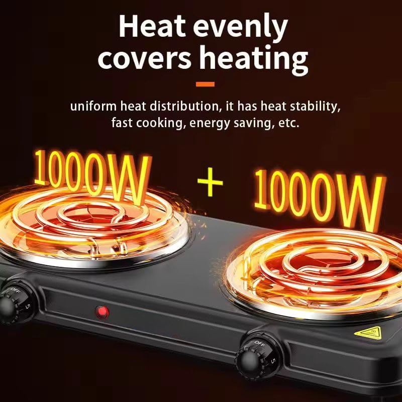 Image of 2000W Electric Double Burner | Adjustable Temperature, Cast Iron | Anti-Rust Double Burners Hot Plate Portable Stove for Home, Hostels, & Commercial Kitchens | 45x23x7 cm | 1-Year Warranty