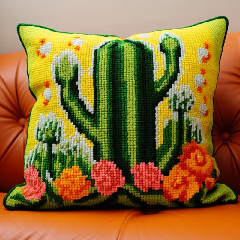 Latch Hook Pillowcase Kits Cactus Plant Latch Hook kit Cushion Throw Pillow Embroidery Craft Kits for Beginner DIY Latch Hook Rug Kit with Printed Canvas Hobby & Craft 43x43cm