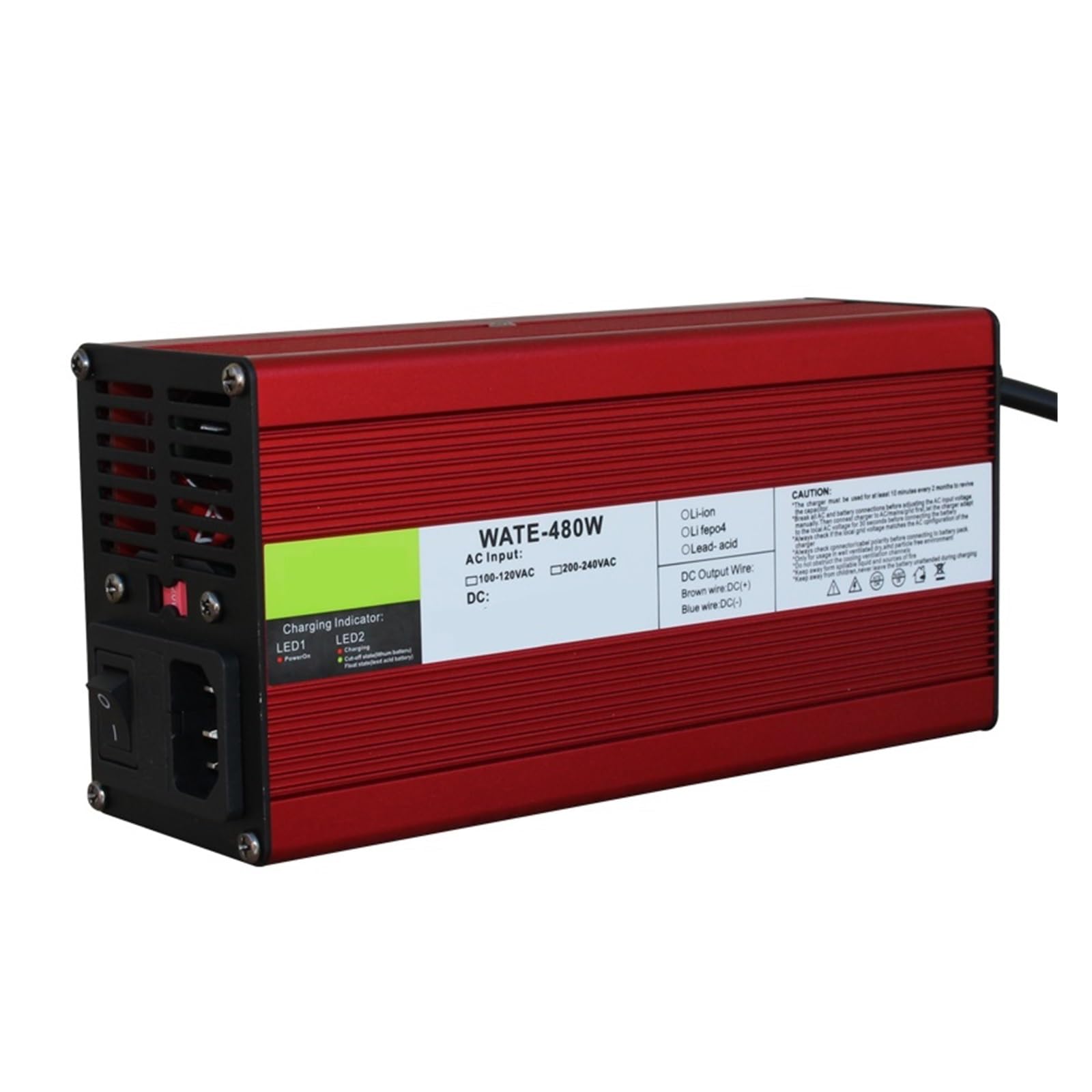 Cargador de Litio Lifepo4-cell Corriente Cargador de batería de Iones de Litio de 54,6 V y 8 A, 13 s, 48 ​​V, Salida con Ventilador de refrigeración, Carcasa de Aluminio Rojo(3P GX16,E+U)
