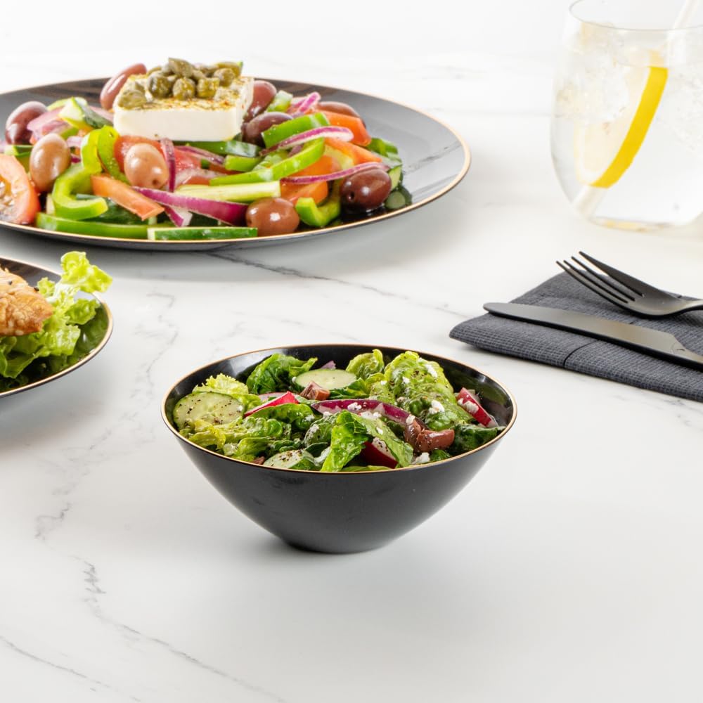 Restaurantware-Moderna 6 Ounce Plastic Bowls, 100 Durable Disposable Salad Bowls - Gold-Rimmed, Heavy-Duty, Black Plastic Fancy Bowl, For Warm And Cold Foods, Ideal For Restaurants