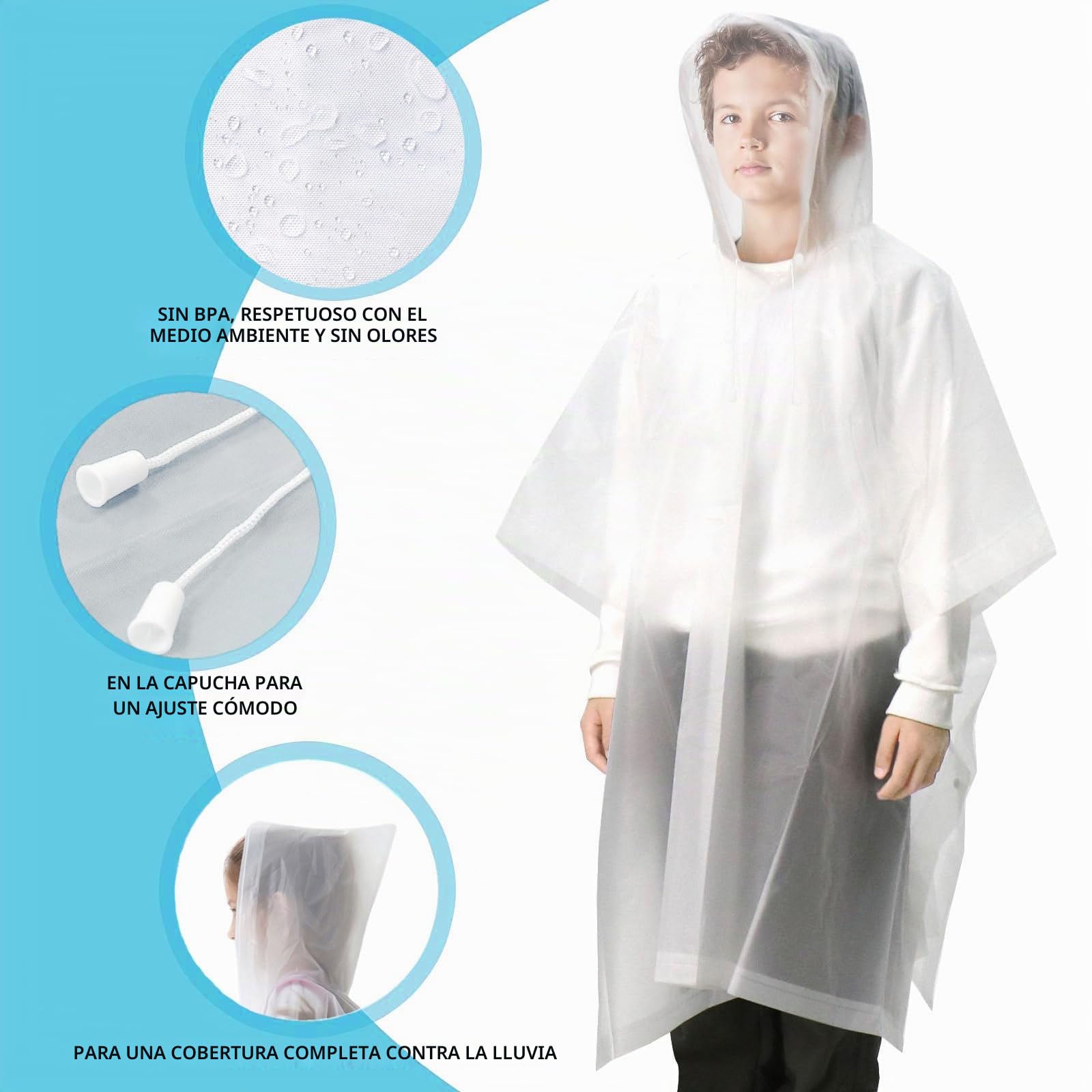 Poncho de lluvia impermeable para niños, reutilizable, impermeable, transparente, con capucha y botones, capa de lluvia ligera para niños, para la escuela, viajes al aire libre